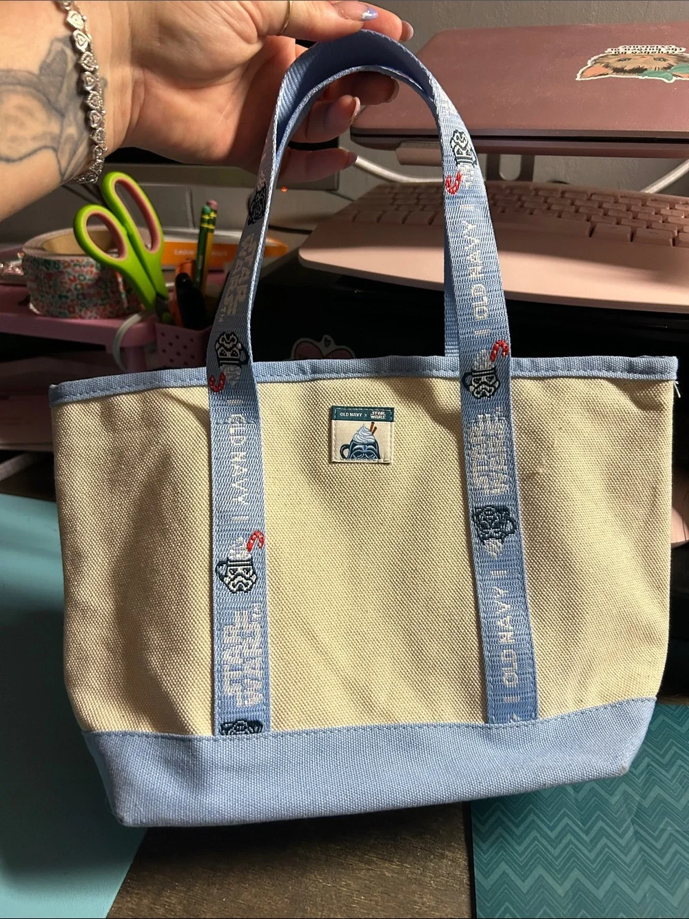 Old Navy x Star Wars Holiday Cream Canvas Tote with Light Blue Trim